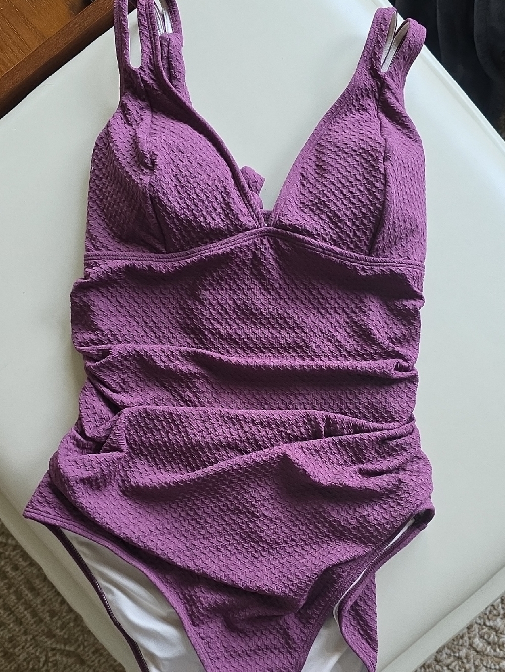 WomensTextured Purple Tummy Control One-Piece Swimsuit